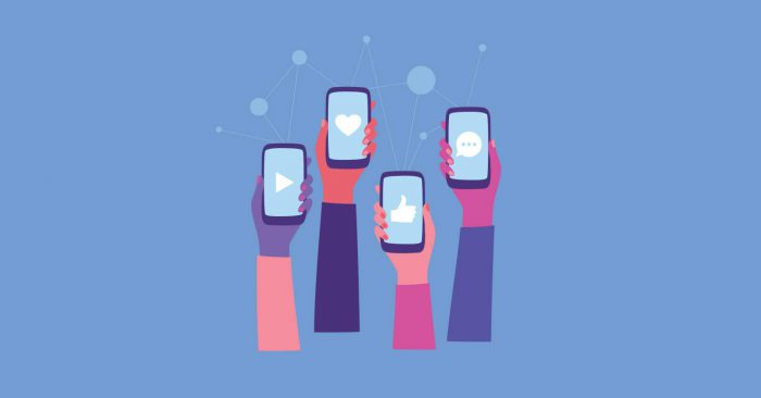 Illustration of hands holding mobile phones with different social media platforms