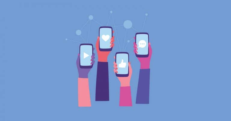 Illustration of hands holding mobile phones with different social media platforms