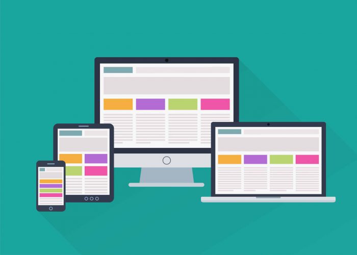 Shutterstock_1261821757 Image shows website sizing on a variety of different screen types and sizes. this includes a phone, tablet, laptop, and desktop computer.