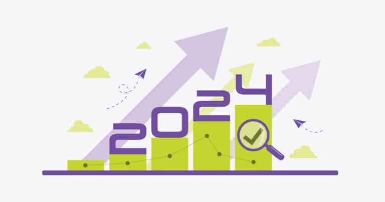 bar graph, arrows and magnifying glass with the year 2024